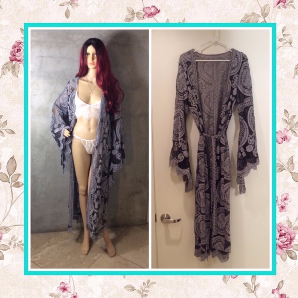 🌸 KIMONO ROBE CARDIGAN BLACK GRAY BELL SLEEVE LACE BOHO KIMONO FESTIVAL GYPSY